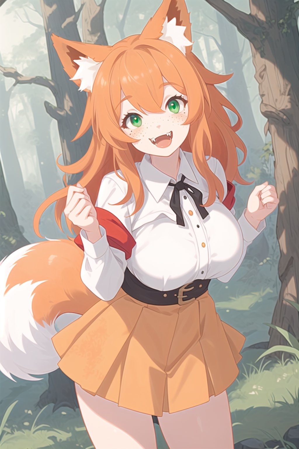 orange-haired fox girl with white fringes,  freckles,  showing fangs by Nelo_angelo17  on Tensor.Art