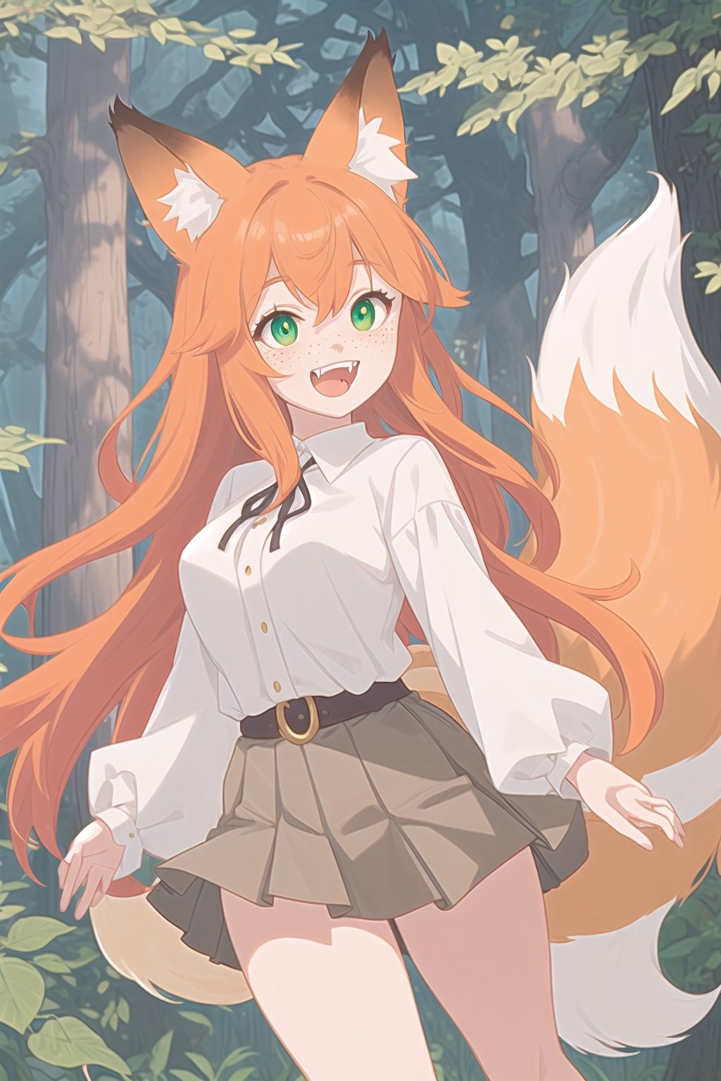 orange-haired fox girl with white fringes,  freckles,  showing fangs by Nelo_angelo17  on Tensor.Art