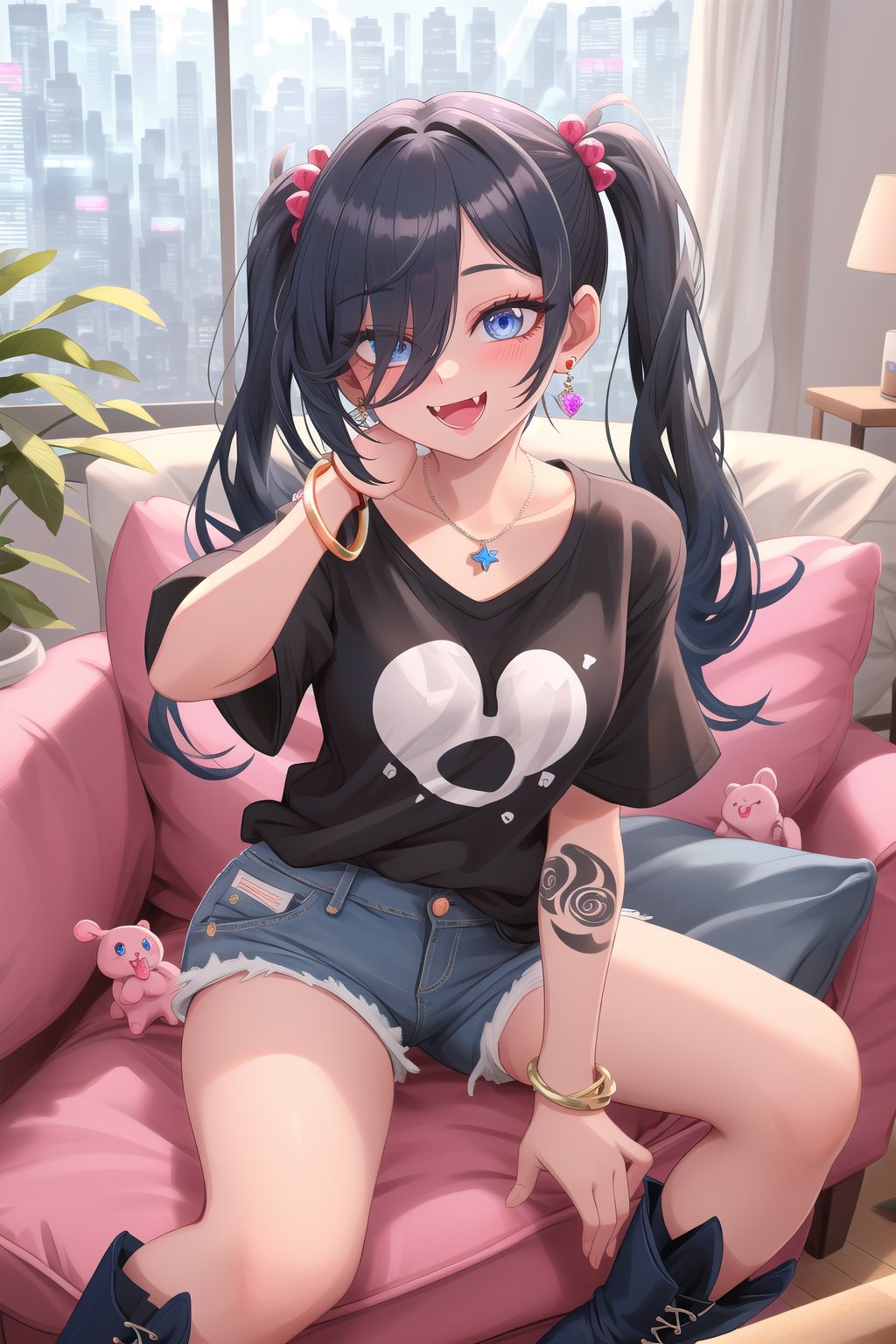  best quality, masterpiece High resolution, good detail, bright colors, HDR, 4K. Dolby vision high, perfect eyes

Girl with long straight black hair, long twin pigtails, navy blue eyes (hair covering one eye), blushing, blue earrings, navy blue bracelet on her wrist, tattoos all over her body, necklace with a sapphire 

A black short sleeve t-shirt with a blue star on the t-shirt 

Navy blue denim shorts 

Sheer black stockings



Inside a futuristic cyberpunk style house 
Black British style boots


Sunrise

Intense sun rays coming through the window 

Elegant navy blue sofa 

Sitting 
Selfie 

Flirty smile (yandere smile). Happy, excited. open mouth 

Showing fangs, exposed fangs