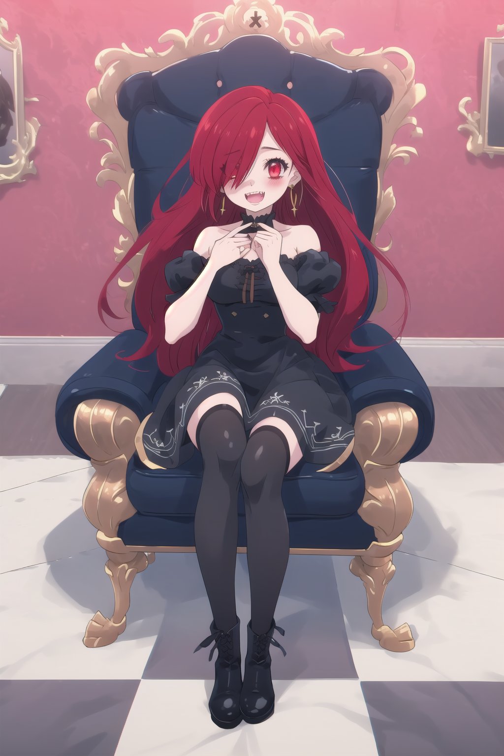 nier anime style illustration, best quality, masterpiece High resolution, good detail, bright colors, HDR, 4K. Dolby vision high.

Little redhead girl with long straight hair (hair covering one eye) (hair over shoulders), red cross-shaped earrings, red eyes, blushing

Elegant vintage British style Gothic Renaissance short dress

small breasts 

Sheer black stockings   

Elegant black British style boots 

Inside an elegant Victorian-style palace 

In a room with red walls, 


A throne of gold embroidered with red

Flirty smile (yandere smile). Happy, excited. Open mouth 

Showing fangs, exposed fangs

Sitting 

Selfie  

(dark red hair)