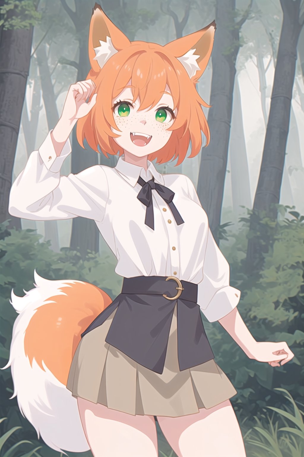 orange-haired fox girl with white fringes,  freckles,  showing fangs by Nelo_angelo17  on Tensor.Art