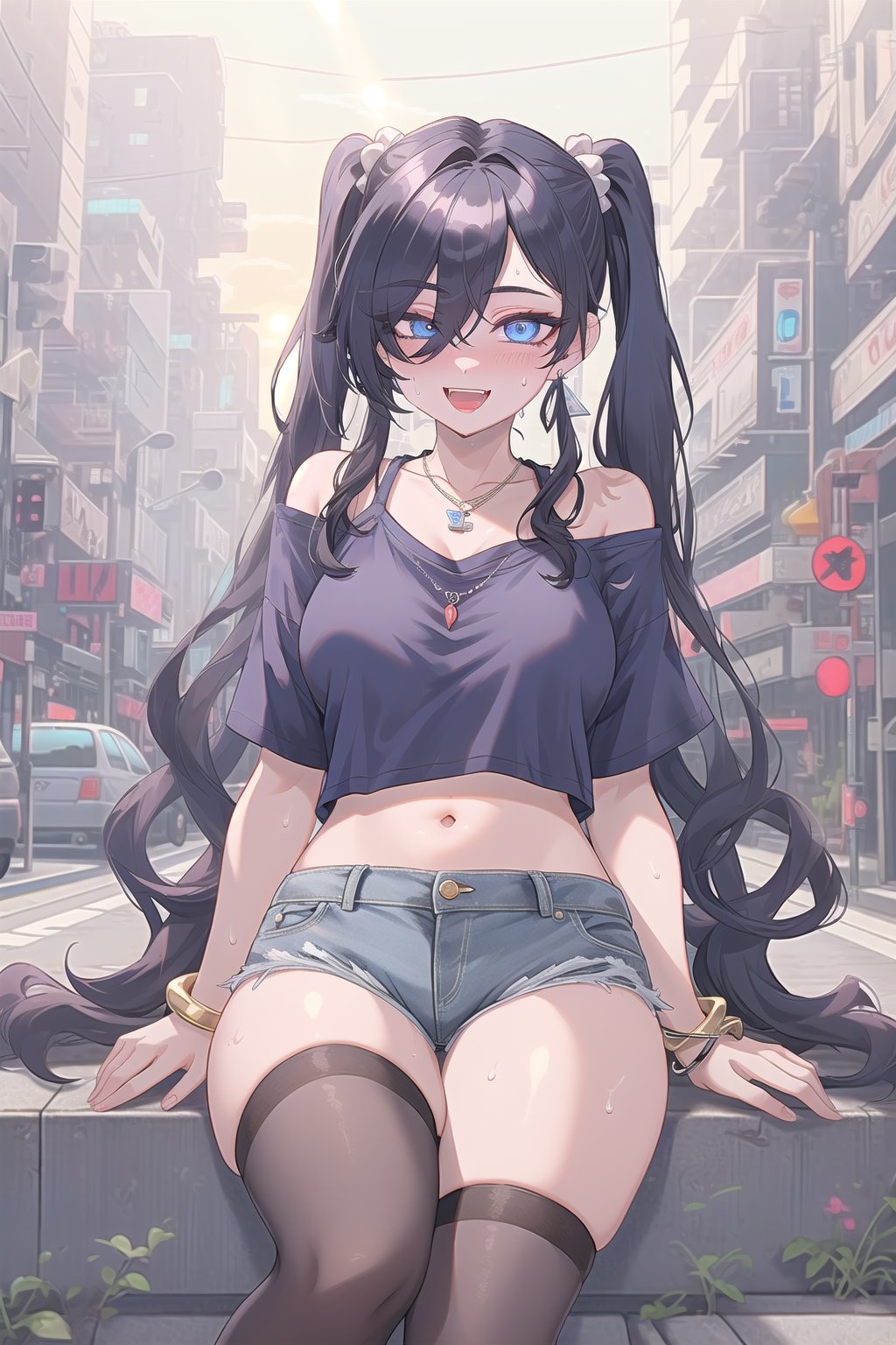  best quality, masterpiece High resolution, good detail, bright colors, HDR, 4K. Dolby vision high, perfect eyes

Jirai kei girl with long straight black hair, long twin pigtails, (hair covering one eye), navy blue eyes, blushing, navy blue earrings, black bracelet, necklace with a sapphire 

Cyberpunk Style Navy Blue Short Sleeve Crop T-Shirt

medium breasts

Showing navel, exposed navel 

black cyberpunk denim shorts 

Sheer black stockings

British style black ankle boots 

Inside a cyberpunk city 


Sitting on the sidewalk 

Selfie 

clear blue sky 

Sunrise

Intense sun rays 

hot day 

She is very sweaty

jirai kei makeup

Flirty smile (yandere smile). Happy, excited. open mouth 

Showing fangs, exposed fangs 

(hair covering one eye)

(Hair on shoulders)

(Hair on shoulders)