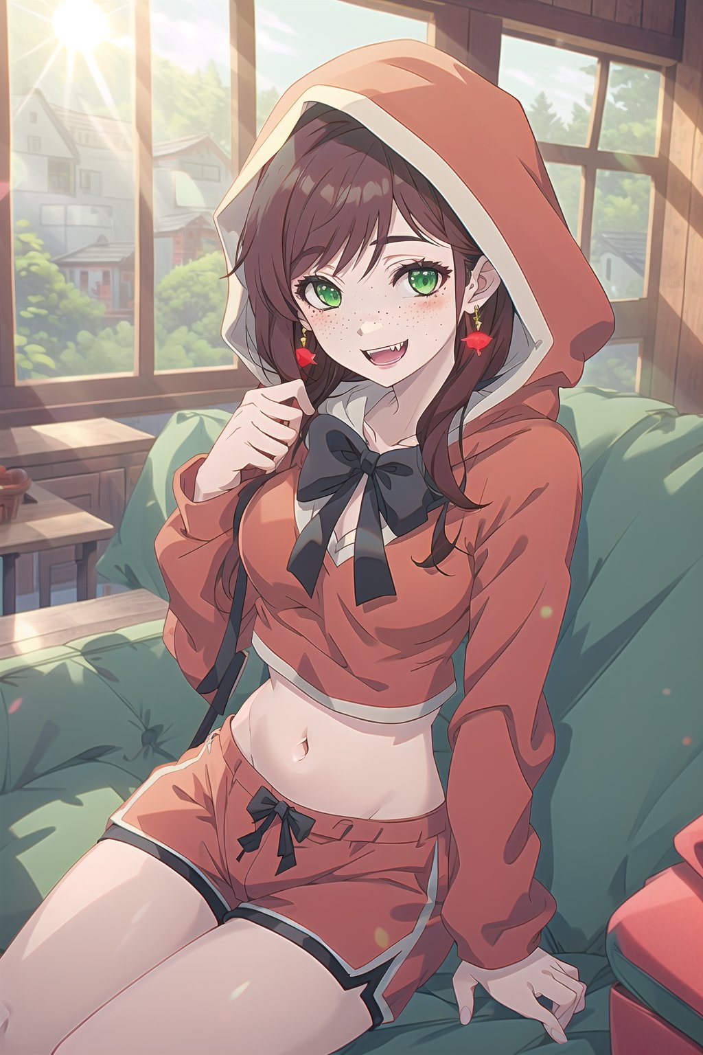 nier anime style illustration, best quality, masterpiece High resolution, good detail, bright colors, HDR, 4K. Dolby vision high. 

Little Red Riding Hood (short straight brown hair, green eyes, freckles, blushing, green earrings)

Red  crop top 

Showing breasts, exposed breasts 

Showing navel, exposed navel 

small breasts 

Black booties 

Black bow on the chest 

Flirty smile (yandere smile). Happy, excited. Open mouth

Showing long fangs, long exposed fangs 

Inside an old fairy tale style log cabin 
 
Red sofa by the window

Sitting 

  

Hooded 

Red hood 

Red hood 
Red shorts 

Sunrise 

Intense sun rays