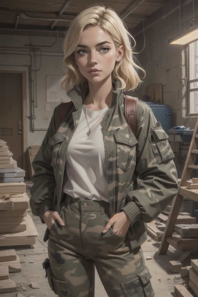 highres, masterpiece, perfect lighting, bloom, cinematic lighting, adult, female, looking at viewer, upper body, 1girl, blonde, camo pants, jacket, military jacket, hands inside pockets, in front of the viewer, bulletproof vest, magazine bags, modern construction site