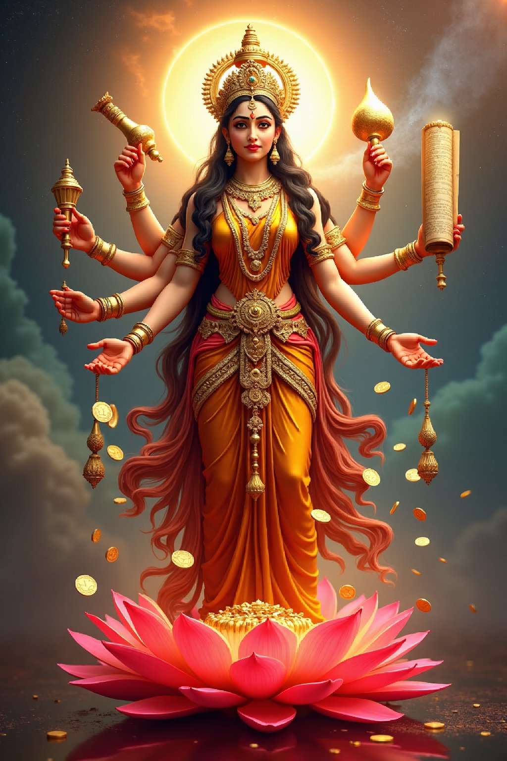 Create a majestic and awe-inspiring image of Goddess Maha Lakshmi, the embodiment of wealth and prosperity. She is depicted with multiple arms, each holding a conch, symbolizing her power to protect, manuscript scroll, symbolizing her wisdom and from one hand, gold coins which are fallnig from her palms. Her face radiates serenity and strength, adorned with a crown and traditional jewelry. She stands atop a red lotus, exuding an aura of divine energy and grace. The background is a vibrant tapestry of celestial elements, with a halo of light surrounding her, emphasizing her divine nature. The scene should evoke a sense of reverence, power, and spiritual upliftment
