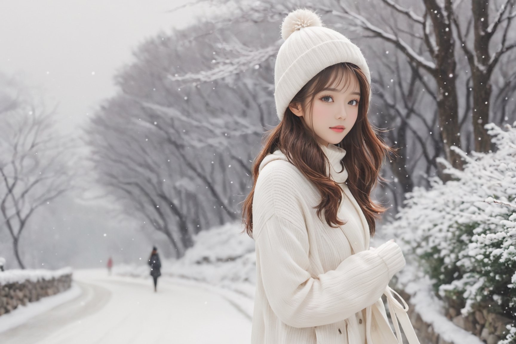 a pretty girl is walking sideway beside the road outside the house, snowing, wind blow, looking cozy, perfect eyes, perfect face, brown long hair, long leg, warm hat, nice white outfit, whole body look, season greeting wide background, 24mm, in Studio Ghibli Style 3D, Studio FF7 Style,dr24lina,aesthetic portrait,Wonder of Beauty,Slender body,koh_yunjung,Flat vector art,p3rfect boobs,b3rli,MikieHara