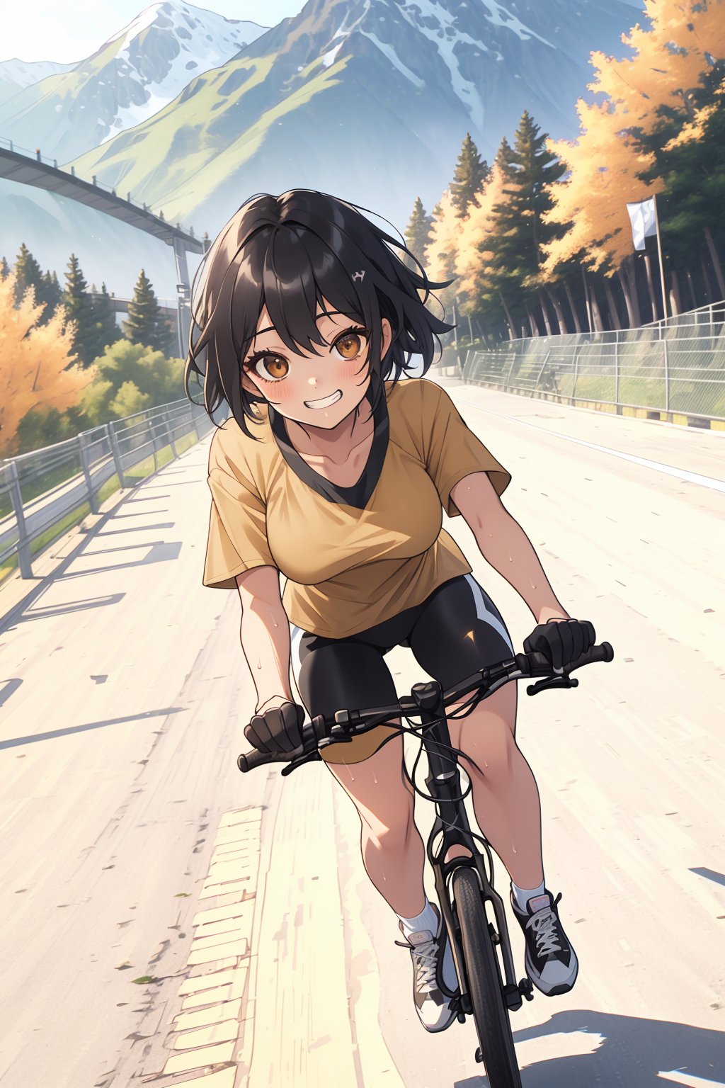 masterpiece, high quality, highres, 2D, 1girl, black short hair, brown eyes, golden shirt, short sleeve, black sweat short,  bare legs, outside, in the park, light from above, sport style, doing Mountain biking, riding along a path that leads out of the park towards the mountains. This time it is the viewer who follows her, while we see that the girl is concentrating on riding. with white sneakers,  noticeable breast, grin, tanned skin, smooth skin, 