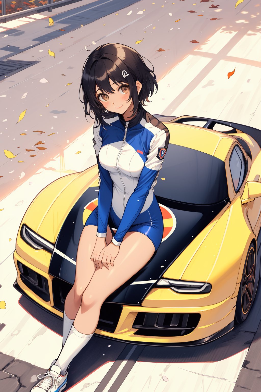 This high quality 2D masterpiece features a stunning girl dressed as a racing car driver. She has short hair, warm brown eyes and a racing suit that has the following color combination: The base of the suit is pearl white, but it has red and blue lines on the sleeves and legs. The scene is bathed by the rays of the sun that fall on her and her car,  a Bugatti Veyron with the same color pattern as her suit, coming from above. The lights exalt the beauty of the girl and his car. She looks at the viewer, her smile shows self-confidence, her skin is tanned and she has a remarkable chest, all while wearing impeccable white sneakers.