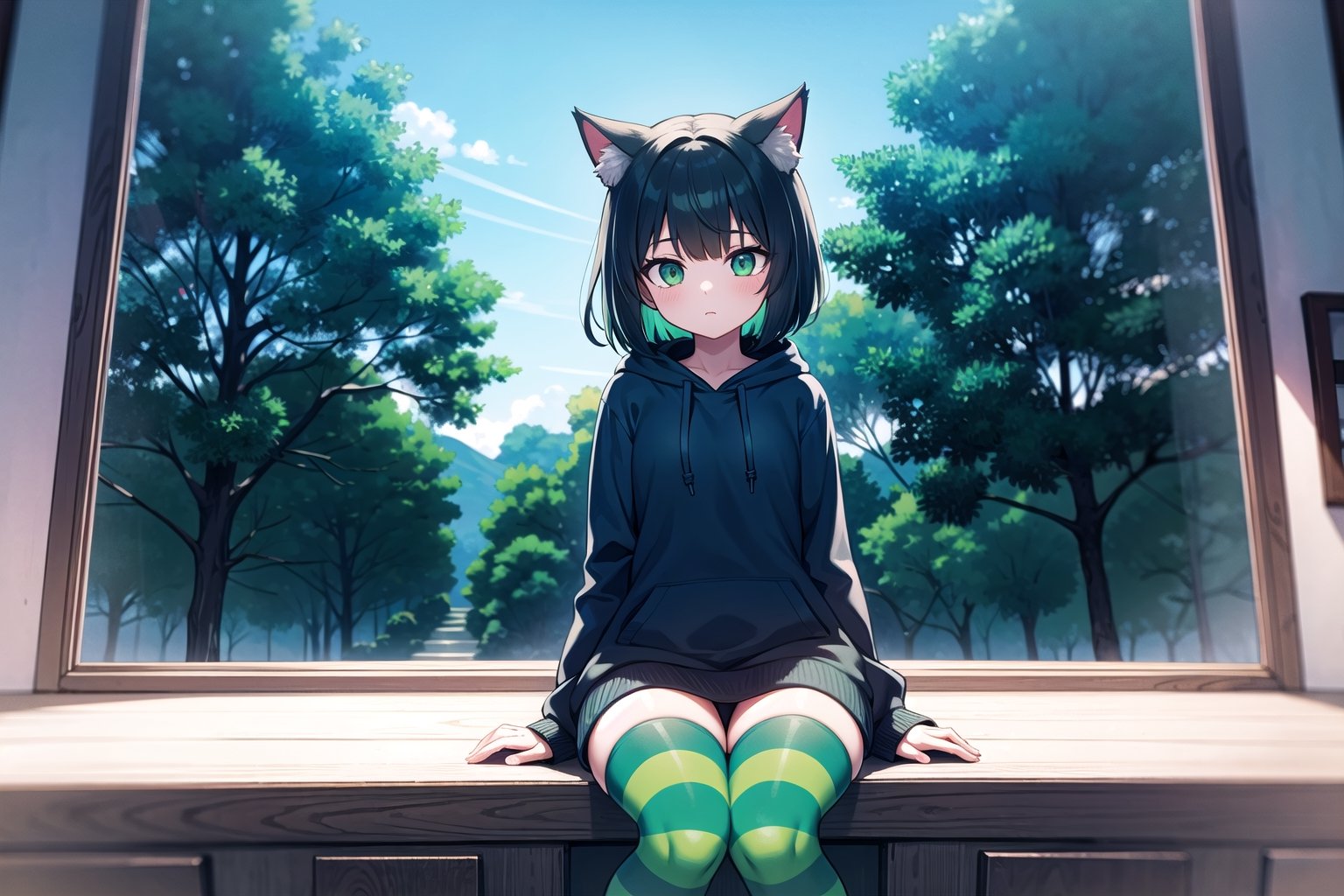 (best quality, 4k, 8k, highres, masterpiece:1.2), ultra-detailed, glowy ,4k,extremely delicate and beautiful art 2girl, epic background, 1girl, solo,short hair, black hair, combined hair, green hair, cat ears, bow,green striped thighhighs, black hoodie,  dark green eyes color, low glowing eyes, looking outside the window