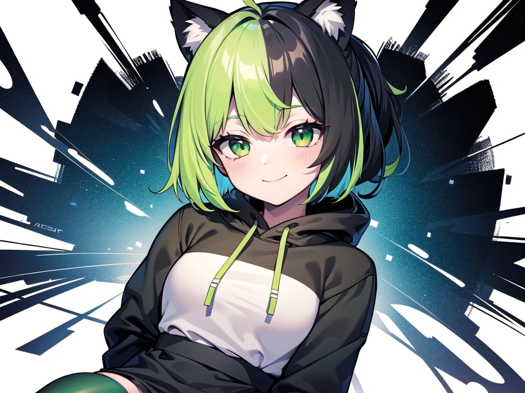 (best quality, 4k, 8k, highres, masterpiece:1.2), ultra-detailed, glowy ,4k,extremely delicate and beautiful art 2girl, epic background, 1girl, solo,short hair, (black green hair), ((split-color hair)), cat ears,, short ponytail, bow,green striped thighhighs, black hoodie,  patterned skirt, dark green eyes color, glow art, listening music, smiling