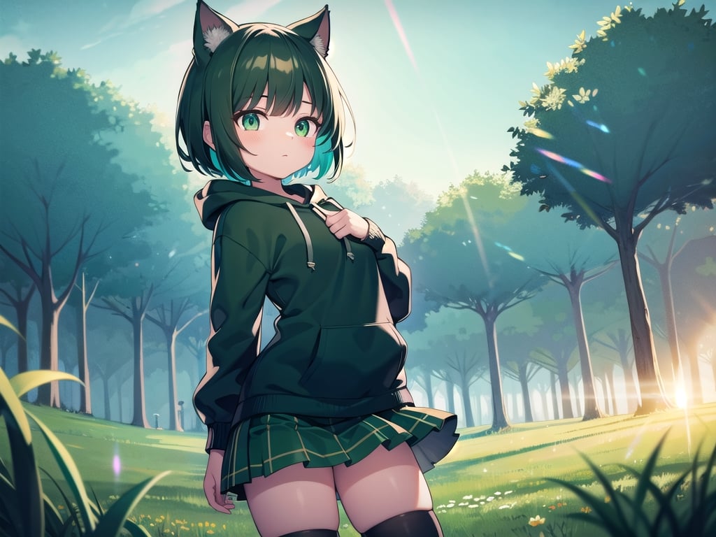 (best quality, 4k, 8k, highres, masterpiece:1.2), ultra-detailed, glowy ,4k,extremely delicate and beautiful art 2girl, epic background, 1girl, solo,short hair, (black green hair), ((split-color hair)), cat ears, bow,green striped thighhighs, black hoodie,  patterned skirt, dark green eyes color, low glowing eyes, Meadow
