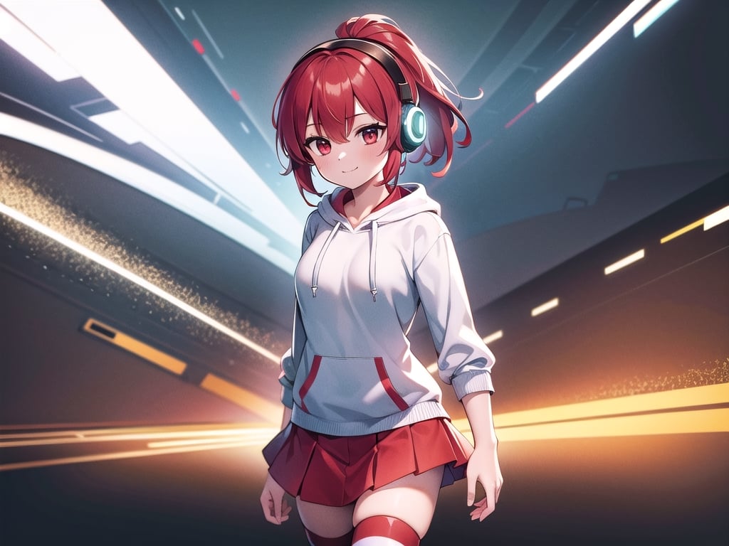 (best quality, 4k, 8k, highres, masterpiece:1.2), ultra-detailed, glowy ,4k,extremely delicate and beautiful art 2girl, epic background, 1girl, solo,short hair, red hair, short ponytail, bow,red striped thighhighs, white hoodie,  patterned skirt, dark red eyes color, glow art, listening music, using bunny headphones, smiling