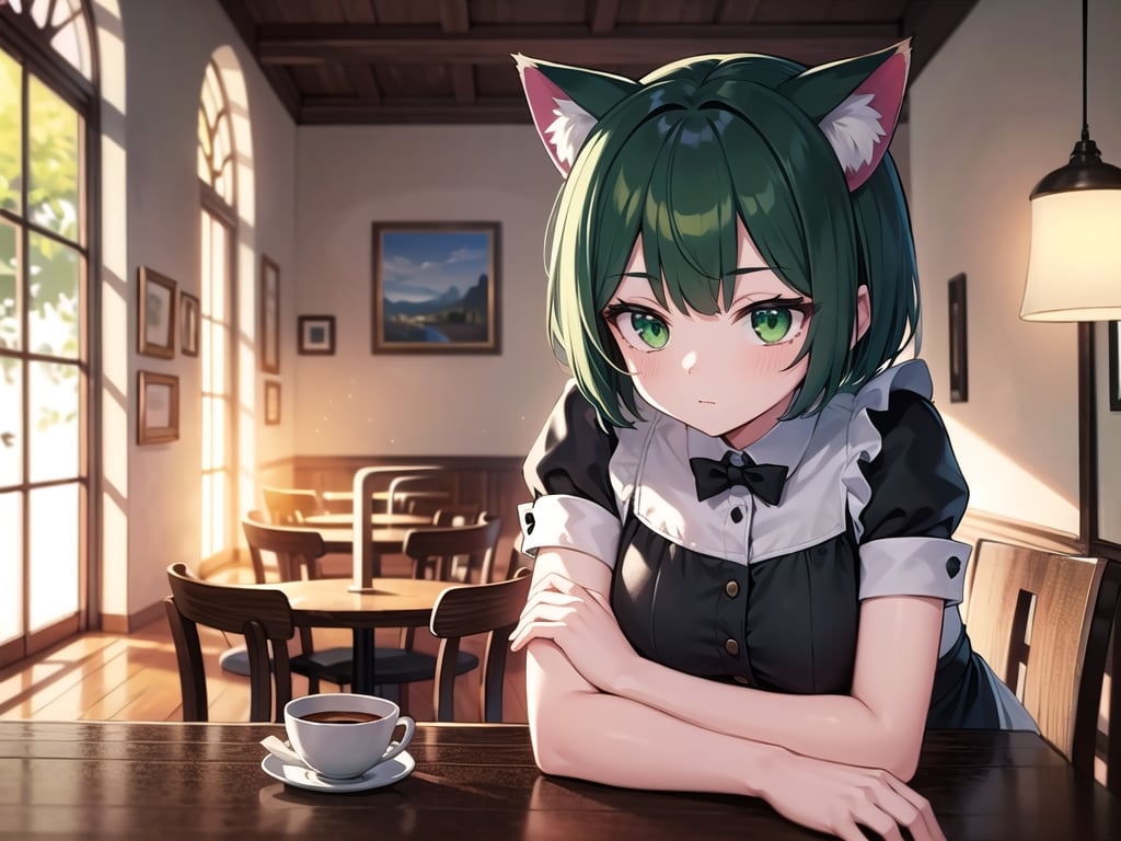 (best quality, 4k, 8k, highres, masterpiece:1.2), ultra-detailed, glowy ,4k,extremely delicate and beautiful art 2girl, epic cafe place background, 1girl, solo,short hair, (black green hair), ((split-color hair)), cat ears, bow, maid costume, dark green eyes color, low glowing eyes, slouching pose