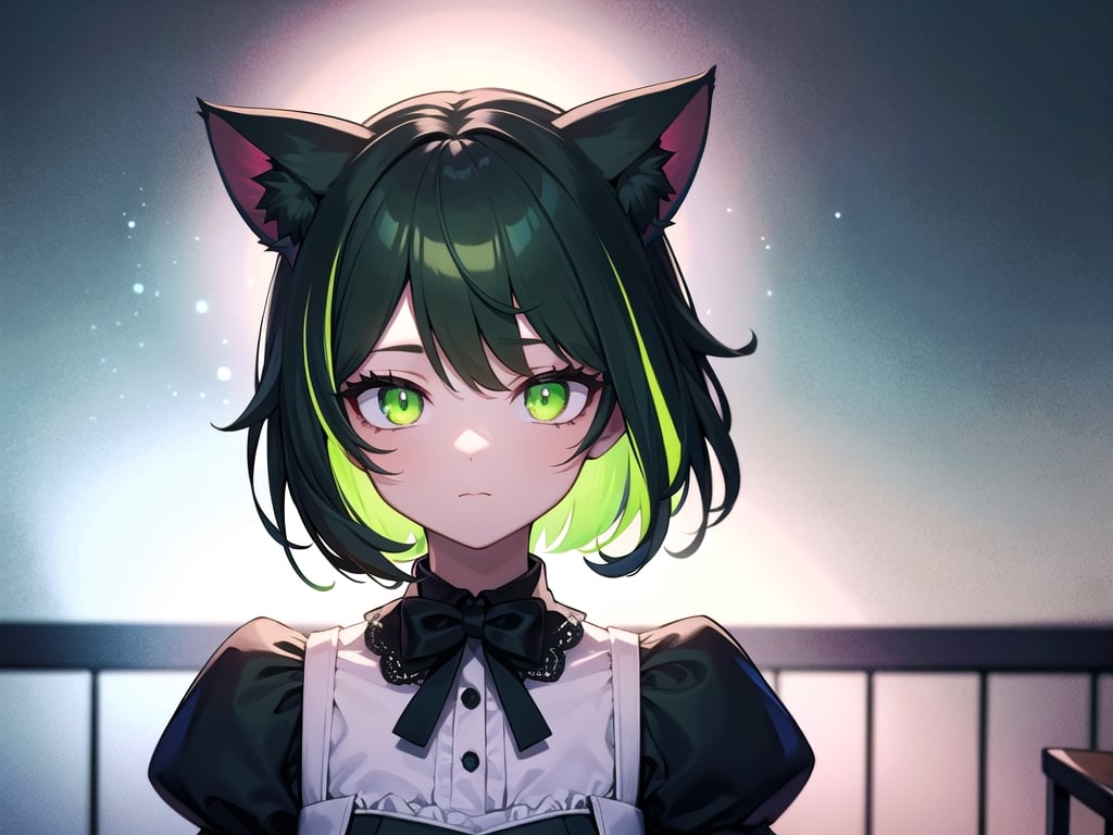 (best quality, 4k, 8k, highres, masterpiece:1.2), ultra-detailed, glowy ,4k,extremely delicate and beautiful art 2girl, epic background, 1girl, solo,short hair, (black green hair), ((split-color hair)), cat ears, bow, maid costume, dark green eyes color, low glowing eyes, cafef place