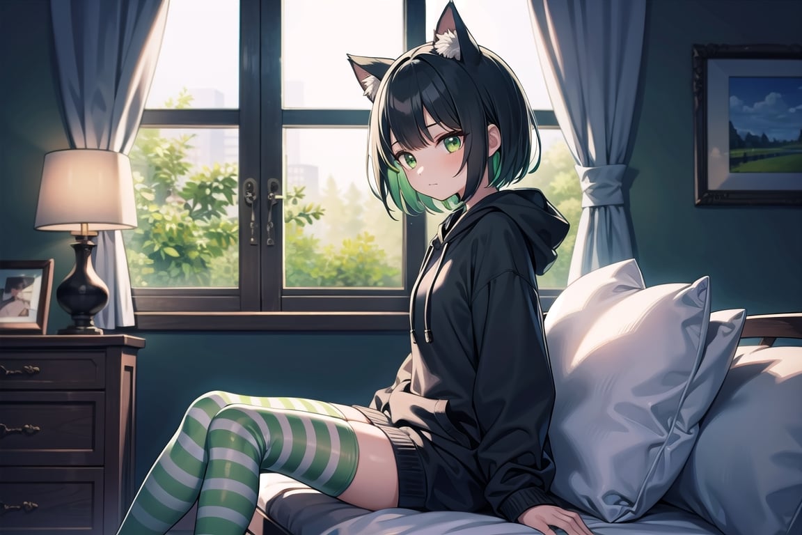 (best quality, 4k, 8k, highres, masterpiece:1.2), ultra-detailed, glowy ,4k,extremely delicate and beautiful art 2girl, epic background, 1girl, solo,short hair, black hair, combined hair, green hair, cat ears, bow,green striped thighhighs, black hoodie,  dark green eyes color, low glowing eyes, looking outside the window, sitting