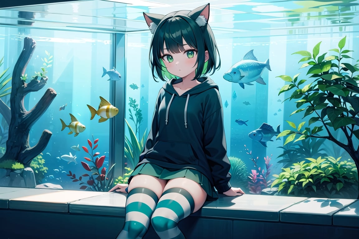 (best quality, 4k, 8k, highres, masterpiece:1.2), ultra-detailed, glowy ,4k,extremely delicate and beautiful art 2girl, epic background, 1girl, solo,short hair, black hair, combined hair, green hair, cat ears, bow,green striped thighhighs, black hoodie,  patterned skirt, dark green eyes color, low glowing eyes, sitting, aquarium