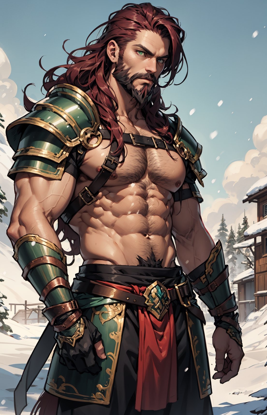 ((viking armor)), (((red long hair:1.3))), ((beard:1.3)), ((gray-green eyes)), ((1 mature man)), (muscular male), ((male focus)), best quality, extremely detailed, HD, 8k, pectoral lift, pectorals, 1boy, Sexy Muscular,Male focus, abs, ab_lines, fit, muscular_body, Muscular, ,marb1e4rmor, (snow battle field background), 33yo