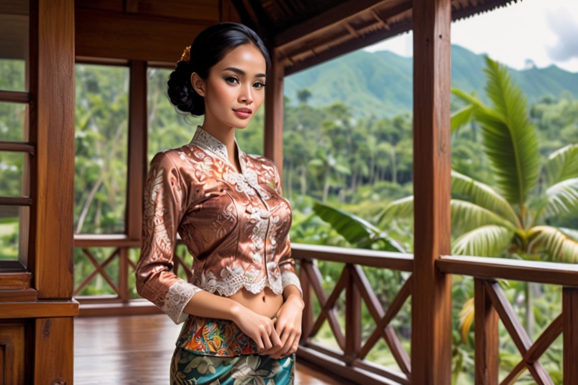 Indonesian Maestro style painting Indonesian woman standing on veranda of wooden house overlooking Indonesia tropical land...