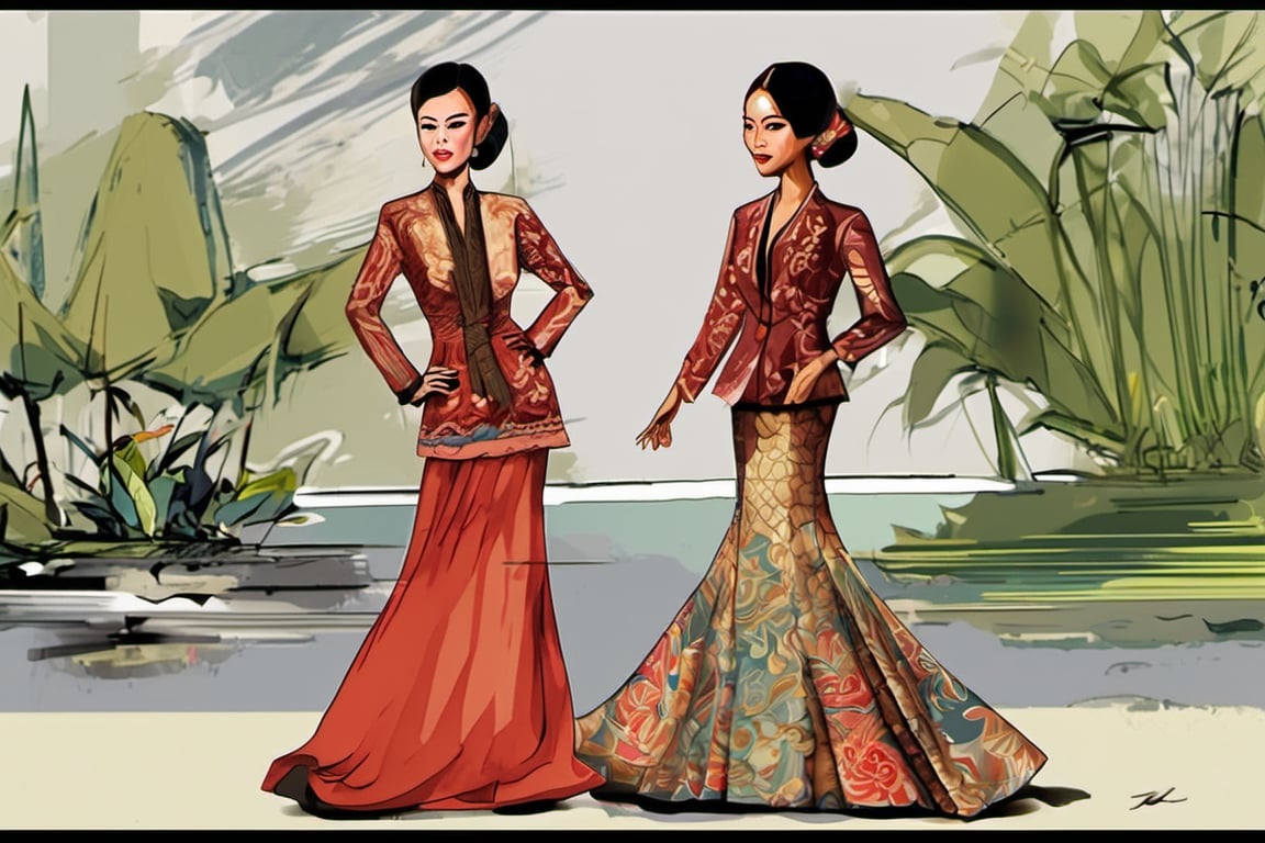 Indonesian Maestro style painting Indonesian woman walking on catwalk wearing Java Island style kebaya a two-piece ensembl...