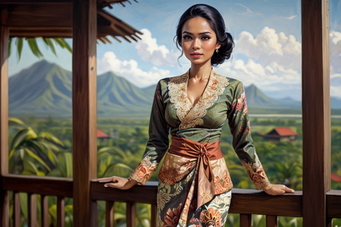 Indonesian Maestro style painting Indonesian woman standing on veranda of wooden house overlooking Indonesia tropical land...