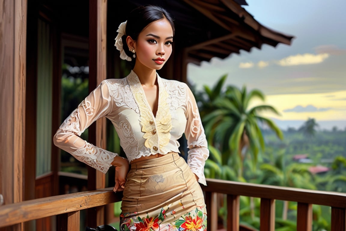 Indonesian Maestro style painting Indonesian curvaceous woman standing on veranda of wooden house overlooking Indonesia tr...