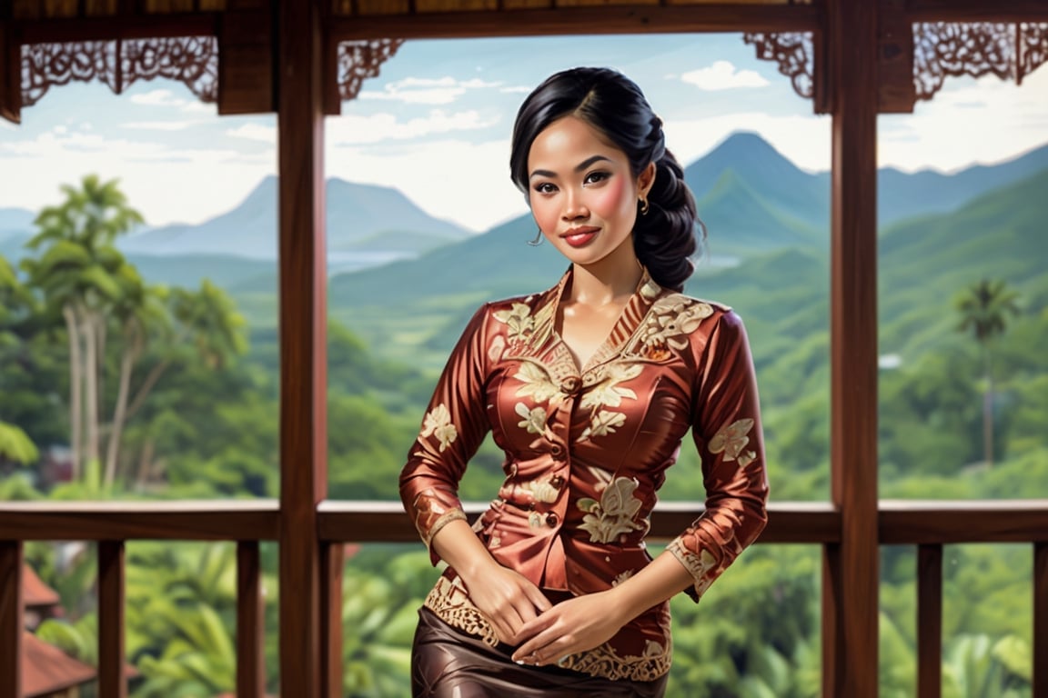 Indonesian Maestro style painting Indonesian full figured curvaceous woman standing on veranda of wooden house overlooking...