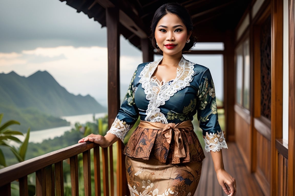 Indonesian Maestro style painting Indonesian 65 yo full figured curvaceous bronze skin woman standing on veranda of wooden...