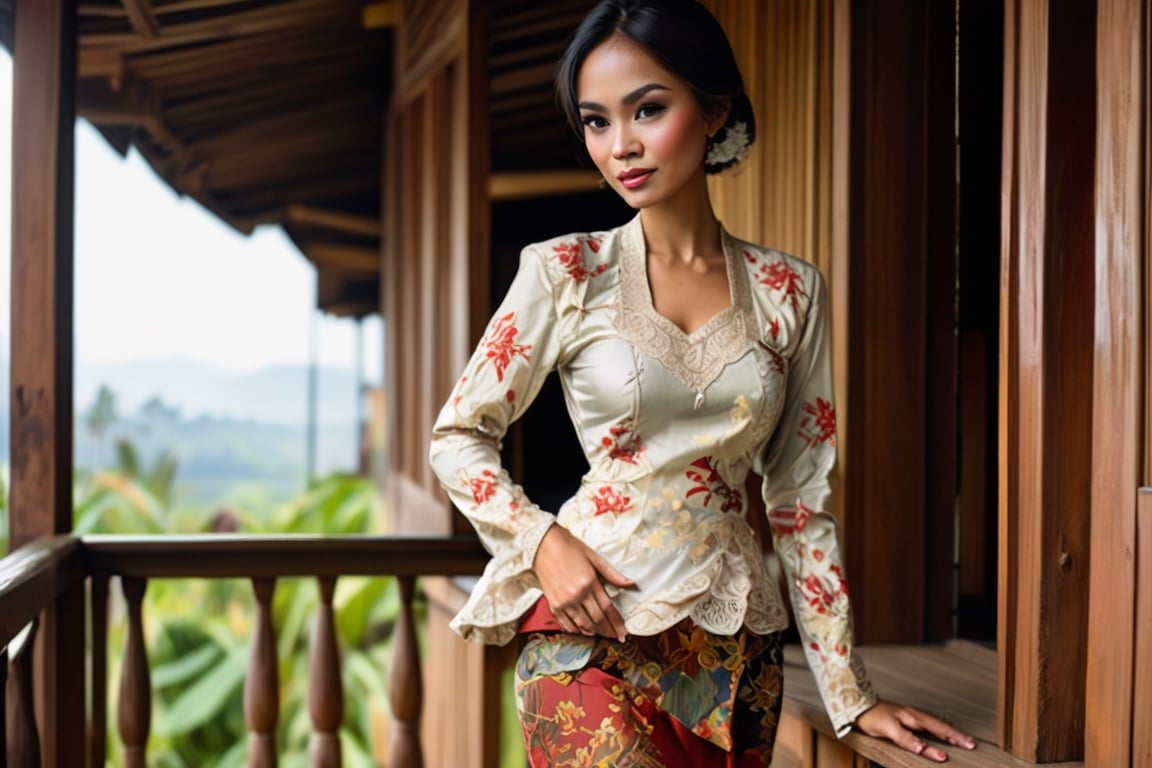 Indonesian Maestro style painting Indonesian woman standing on veranda of wooden house overlooking Indonesia tropical land...