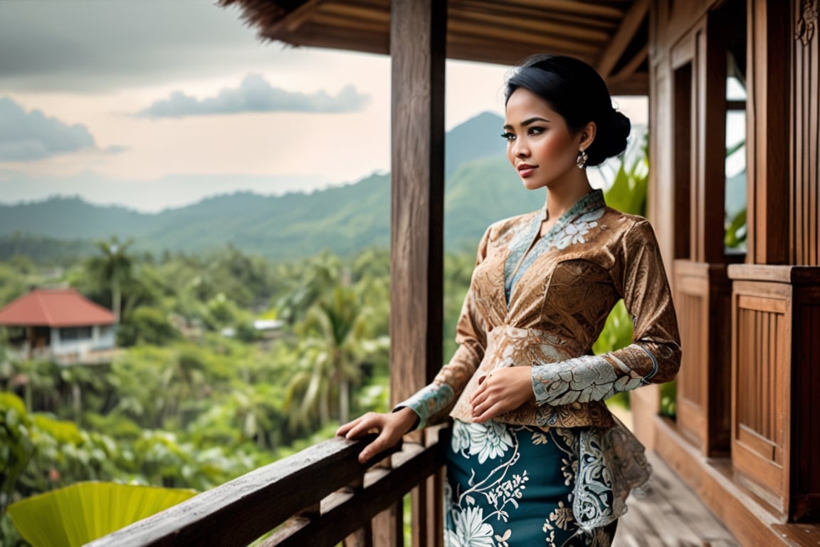 Indonesian Maestro style painting Indonesian woman standing on veranda of wooden house overlooking Indonesia tropical land...