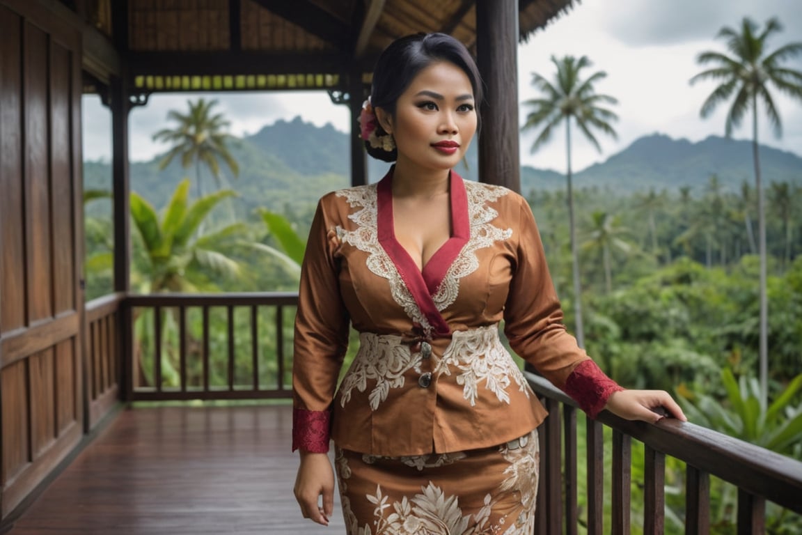 Indonesian Maestro style painting Indonesian 65 yo full figured curvaceous bronze skin woman standing on veranda of wooden...