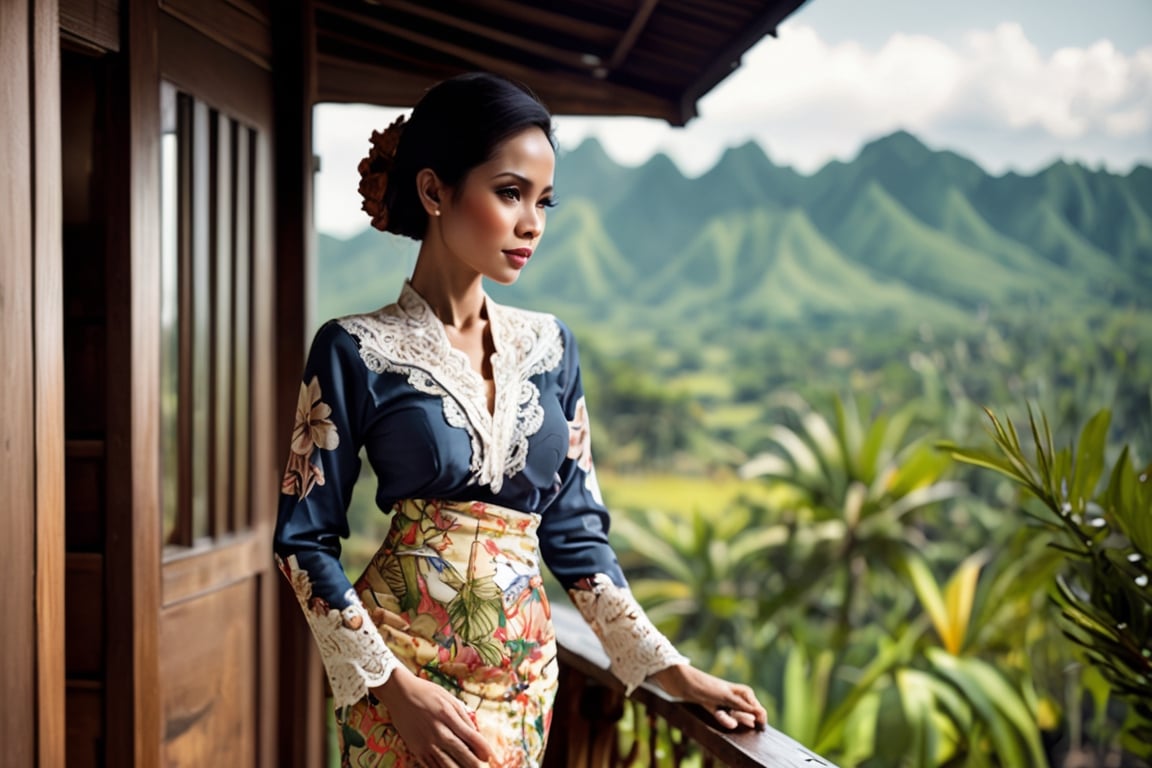 Indonesian Maestro style painting Indonesian woman standing on veranda of wooden house overlooking Indonesia tropical land...