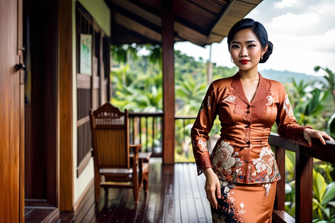 Indonesian Maestro style painting Indonesian 65 yo full figured curvaceous woman standing on veranda of wooden house overl...