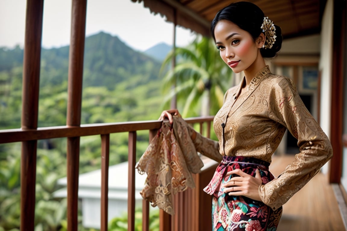 Indonesian Maestro style painting Indonesian woman standing on veranda of wooden house overlooking Indonesia tropical land...