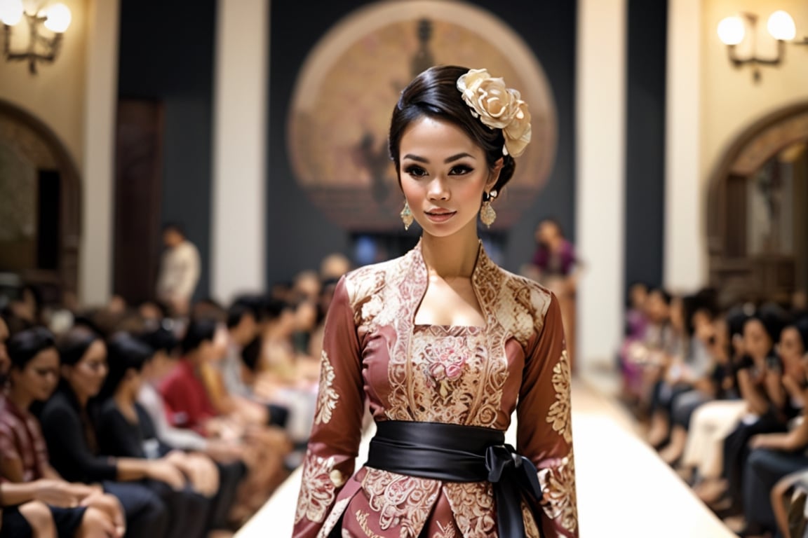 Indonesian Maestro style painting Indonesian woman walking on catwalk wearing Java Island style kebaya a two-piece ensembl...