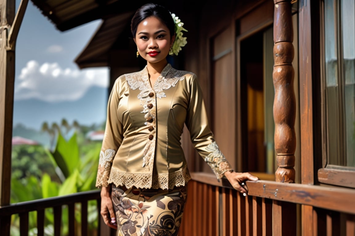 Indonesian Maestro style painting Indonesian 65 yo full figured curvaceous bronze skin woman standing on veranda of wooden...