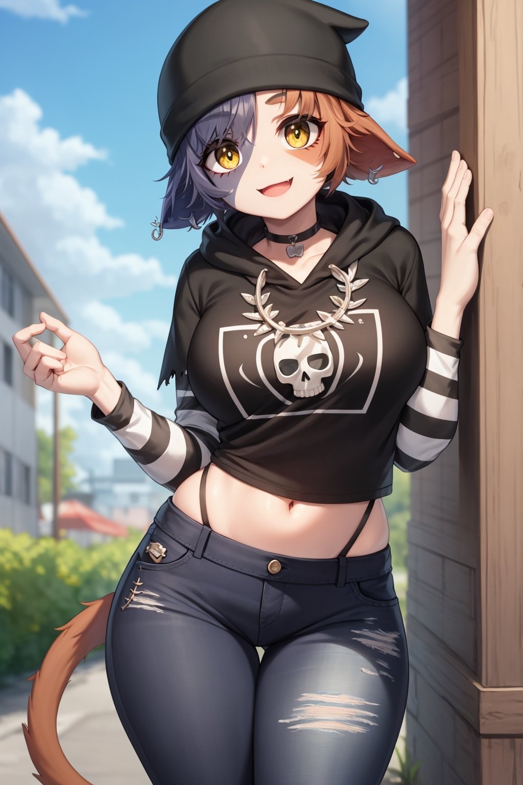 masterpiece, best quality, facial portrait of a female anthro meow skull, detailed face, detailed eyes,  cropped pupils, happy, detailed , [smile, [spiked necklace], standing, standing, looking at the viewer, outside, neighborhood in the background, coquettish expression, somewhat large thighs,posing, Winking eye,beanie,amber/yellow eyes,black eyeshadow,cat ears,fish hook piercing,black hoodie,striped sleeves,necklace,bandolier,black jeans, torn jeans,wallet chain,cat tail,meowskulls