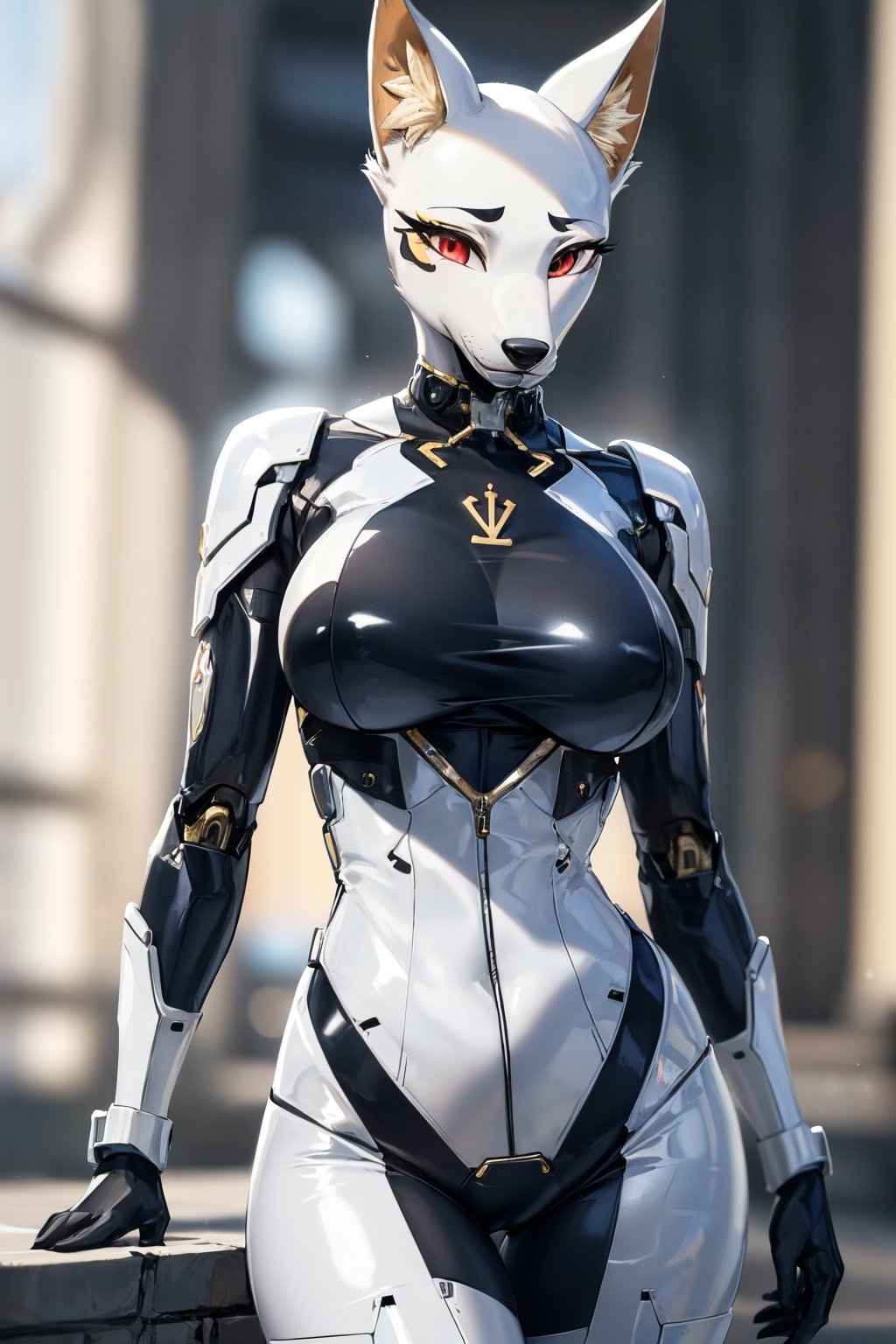 RAW photo, Best picture quality, high resolution, HDR, highres, (absurdres:1.2), realistic, sharp focus, realistic image of elegant furry anthro woman, beauty, supermodel, pure white hair, red eyes, wearing high-tech cyberpunk style blue mecha suit, radiant Glow, sparkling suit, mecha, perfectly customized high-tech suit, ice theme, custom design, 1 girl,furry, anthro, anubis , body fur, ,dark body fur, furry, swordup, looking at viewer, robot,  lens flare, (vibrant color:1.2),1girl, hourglass body shiape,anubis,ankh