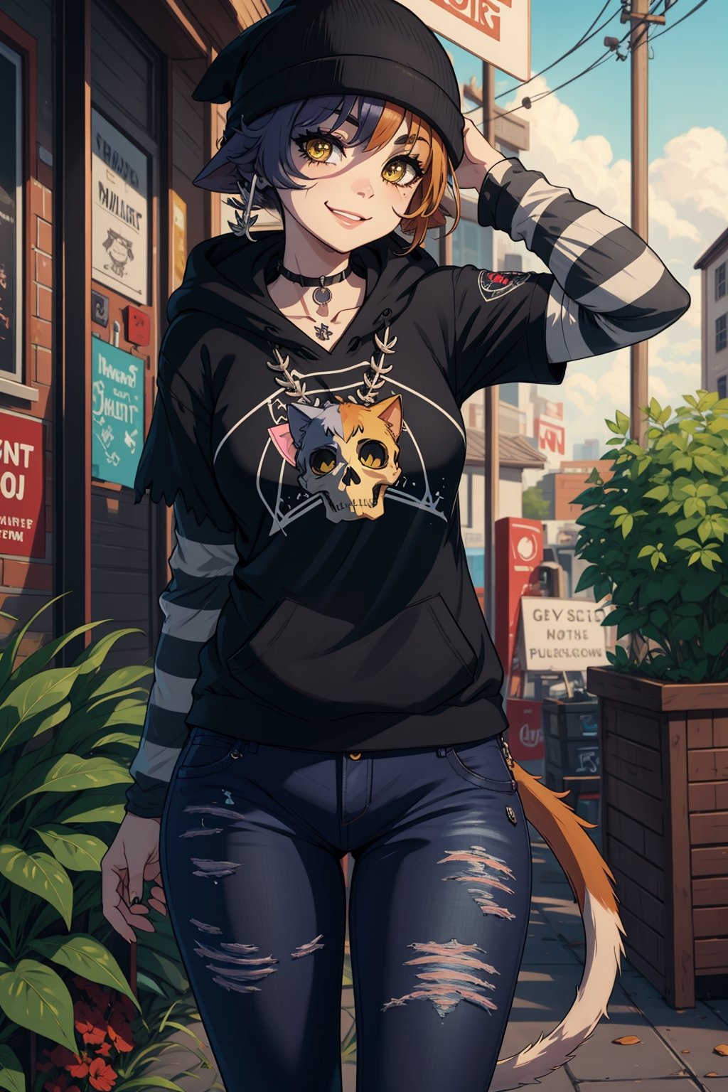 masterpiece, best quality, facial portrait of a female anthro meow skull, detailed face, detailed eyes,  cropped pupils, happy, detailed , [smile, [spiked necklace], standing, standing, looking at the viewer, outside, neighborhood in the background, coquettish expression, somewhat large thighs,posing, Winking eye,beanie,amber/yellow eyes,black eyeshadow,cat ears,fish hook piercing,black hoodie,striped sleeves,necklace,bandolier,black jeans, torn jeans,wallet chain,cat tail,meowskulls