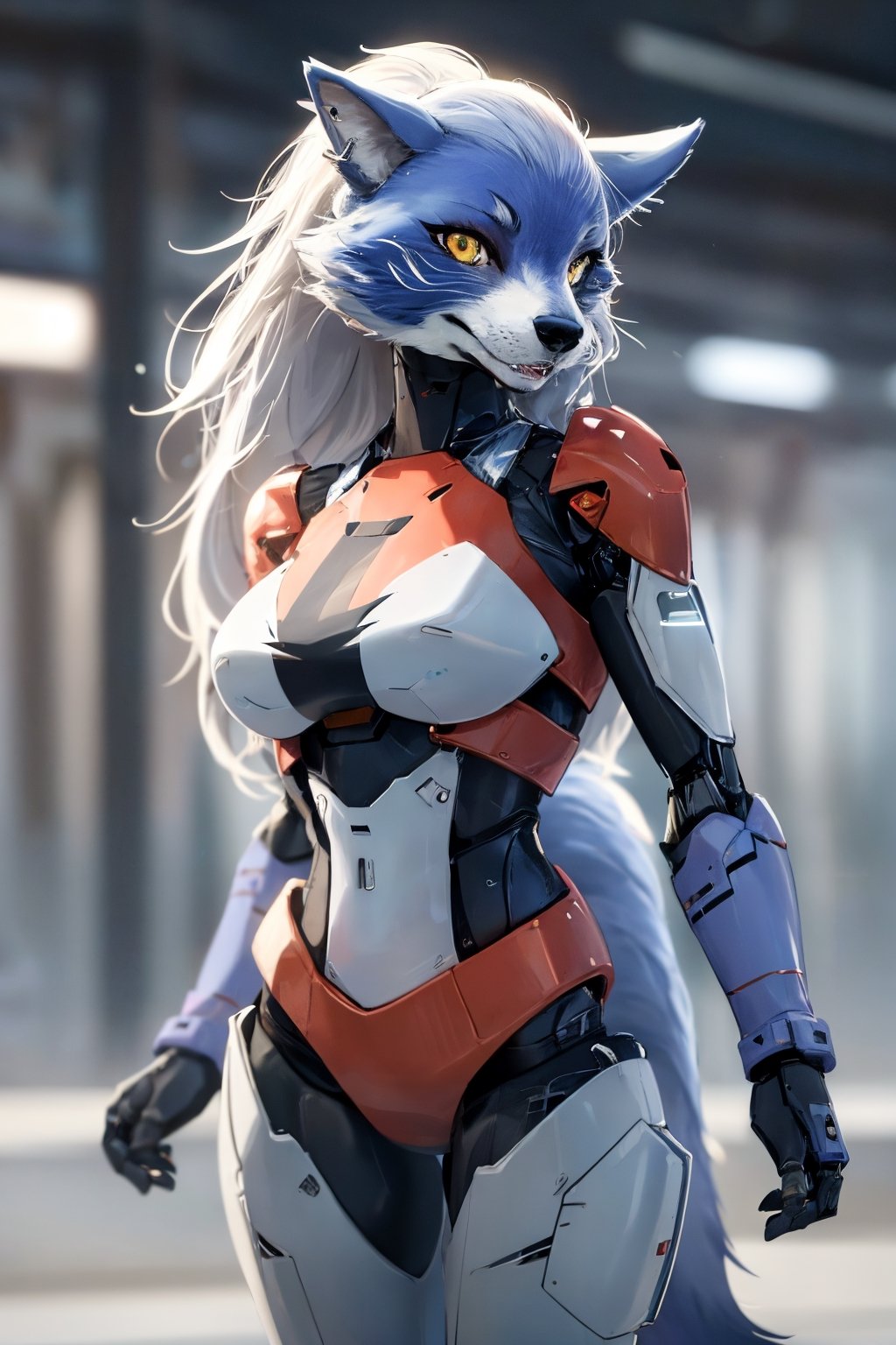 RAW photo, Best picture quality, high resolution, HDR, highres, (absurdres:1.2), realistic, sharp focus, realistic image of elegant furry anthro woman, beauty, supermodel, pure white hair with green, red eyes, wearing high-tech cyberpunk style blue mecha suit, radiant Glow, sparkling suit, mecha, perfectly customized high-tech suit, ice theme, custom design, 1 girl,furry, anthro, wolf,dark grey fur, white fur, body fur, wolf face, wolf girl, furry wolf, swordup, looking at viewer, robot,  lens flare, (vibrant color:1.2),1girl, hourglass body shape,fnafroxanne