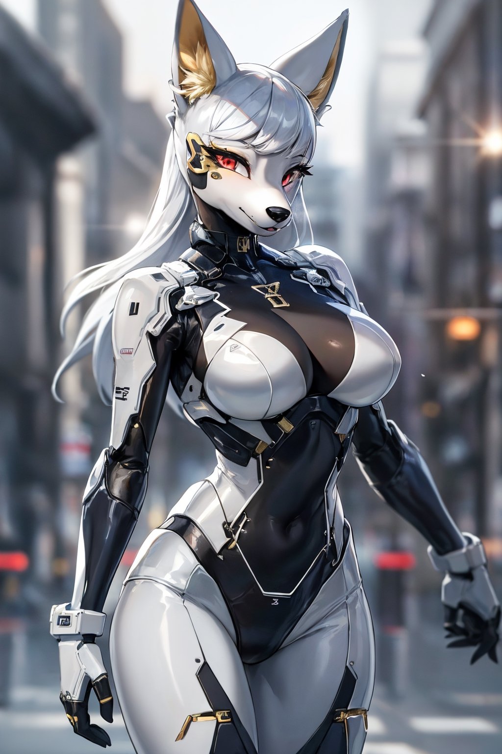 RAW photo, Best picture quality, high resolution, HDR, highres, (absurdres:1.2), realistic, sharp focus, realistic image of elegant furry anthro woman, beauty, supermodel, pure white hair, red eyes, wearing high-tech cyberpunk style blue mecha suit, radiant Glow, sparkling suit, mecha, perfectly customized high-tech suit, ice theme, custom design, 1 girl,furry, anthro, anubis , body fur, ,dark body fur, furry, swordup, looking at viewer, robot,  lens flare, (vibrant color:1.2),1girl, hourglass body shiape,anubis,ankh