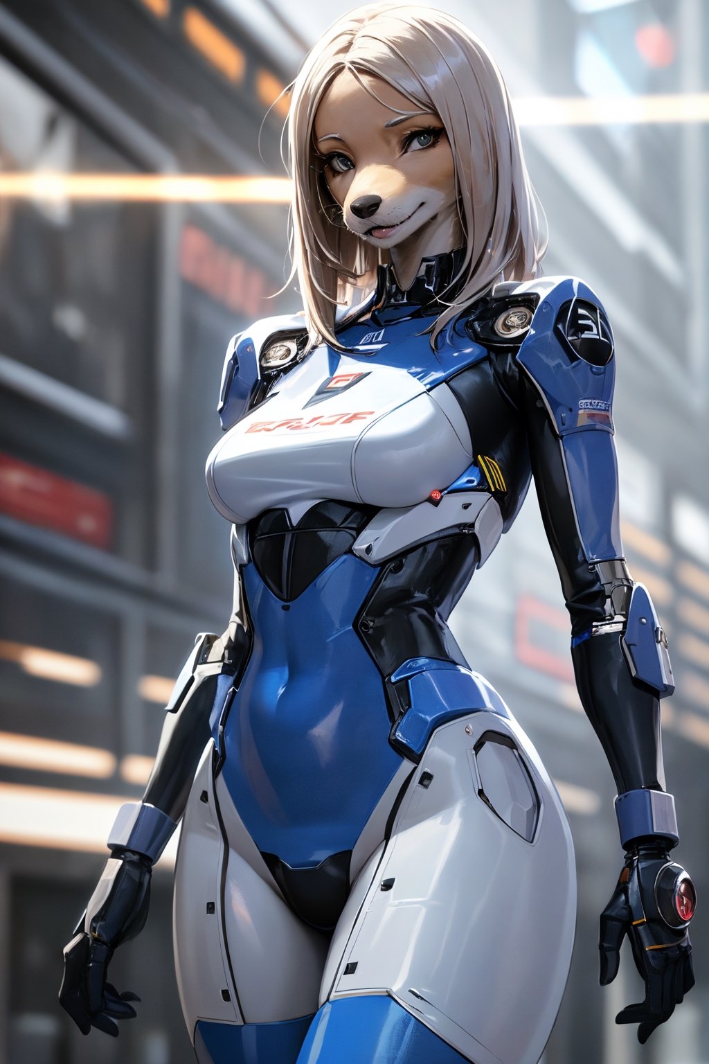 RAW photo, Best picture quality, high resolution, HDR, highres, (absurdres:1.2), realistic, sharp focus, realistic image of elegant furry anthro woman, beauty, supermodel, pure white hair, blue eyes, wearing high-tech cyberpunk style blue mecha suit, radiant Glow, sparkling suit, mecha, perfectly customized high-tech suit, ice theme, custom design, 1 girl,furry, anthro, suki lane, dog girl, furry dog, dog face, body fur, furry, swordup, looking at viewer, robot,  lens flare, (vibrant color:1.2),1girl, hourglass body shape,sukilane