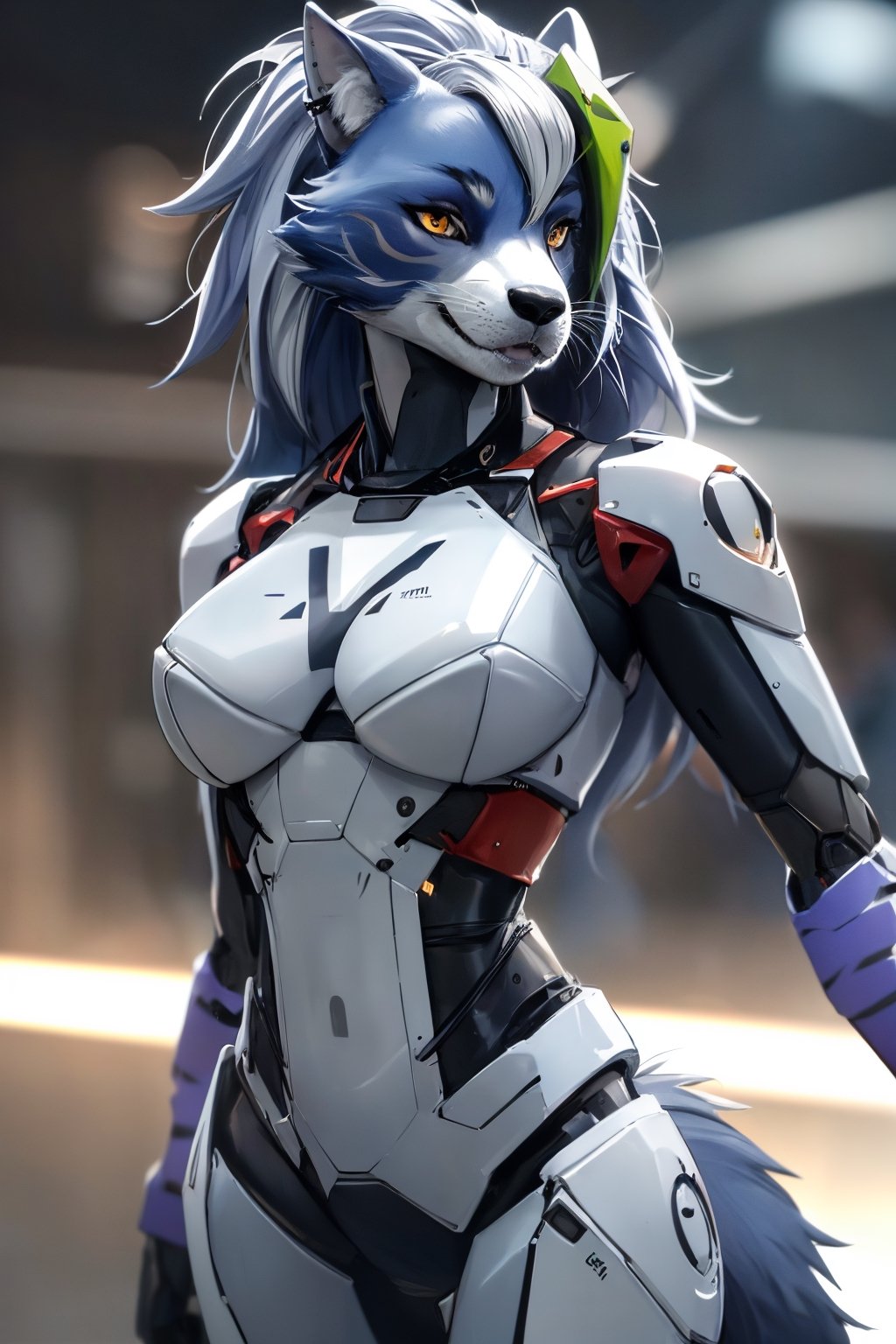 RAW photo, Best picture quality, high resolution, HDR, highres, (absurdres:1.2), realistic, sharp focus, realistic image of elegant furry anthro woman, beauty, supermodel, pure white hair with green, red eyes, wearing high-tech cyberpunk style blue mecha suit, radiant Glow, sparkling suit, mecha, perfectly customized high-tech suit, ice theme, custom design, 1 girl,furry, anthro, wolf,dark grey fur, white fur, body fur, wolf face, wolf girl, furry wolf, swordup, looking at viewer, robot,  lens flare, (vibrant color:1.2),1girl, hourglass body shape,fnafroxanne