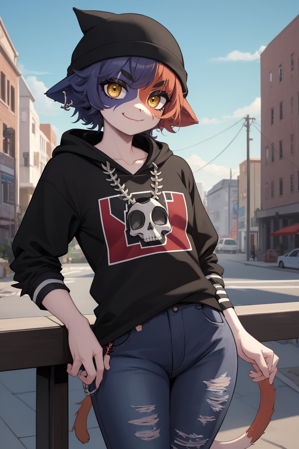 masterpiece, best quality, facial portrait of a female anthro meow skull, detailed face, detailed eyes,  cropped pupils, happy, detailed , [smile, [spiked necklace], standing, standing, looking at the viewer, outside, neighborhood in the background, coquettish expression, somewhat large thighs,posing, Winking eye,beanie,amber/yellow eyes,black eyeshadow,cat ears,fish hook piercing,black hoodie,striped sleeves,necklace,bandolier,black jeans, torn jeans,wallet chain,cat tail,meowskulls