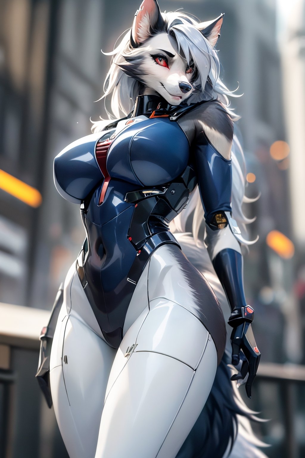 RAW photo, Best picture quality, high resolution, HDR, highres, (absurdres:1.2), realistic, sharp focus, realistic image of elegant furry anthro woman, beauty, supermodel, pure white hair with green, red eyes, wearing high-tech cyberpunk style blue mecha suit, radiant Glow, sparkling suit, mecha, perfectly customized high-tech suit, ice theme, custom design, 1 girl,furry, anthro, wolf,dark grey fur, white fur, body fur, wolf face, wolf girl, furry wolf, swordup, looking at viewer, robot,  lens flare, (vibrant color:1.2),1girl, hourglass body shape