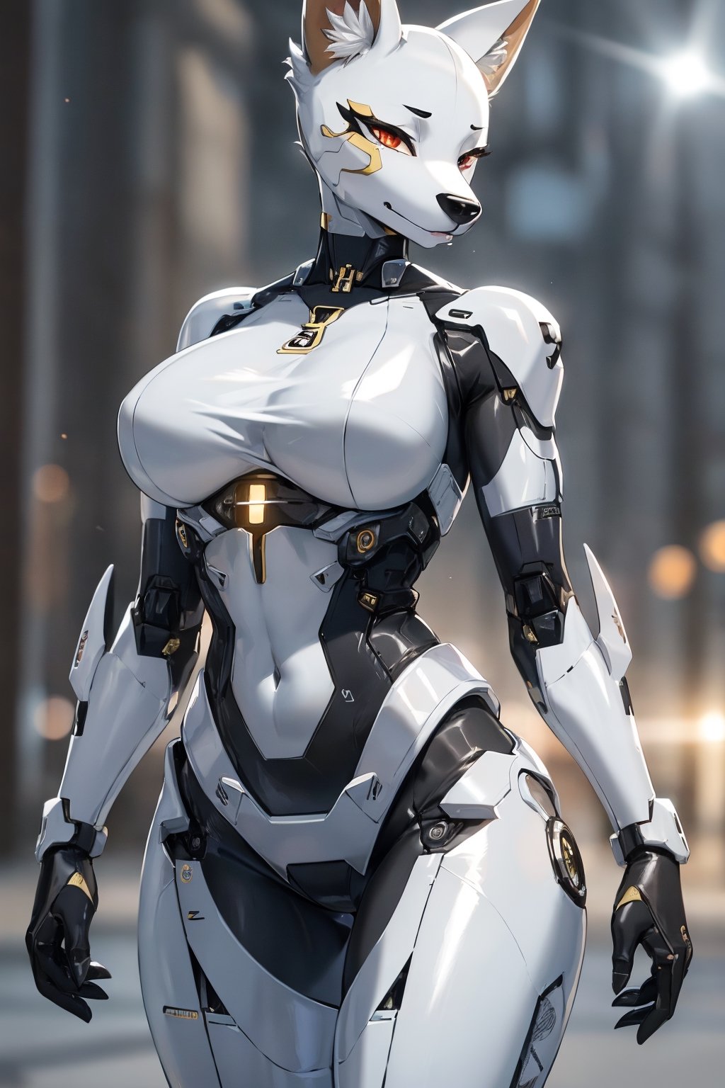 RAW photo, Best picture quality, high resolution, HDR, highres, (absurdres:1.2), realistic, sharp focus, realistic image of elegant furry anthro woman, beauty, supermodel, pure white hair, red eyes, wearing high-tech cyberpunk style blue mecha suit, radiant Glow, sparkling suit, mecha, perfectly customized high-tech suit, ice theme, custom design, 1 girl,furry, anthro, anubis , body fur, ,dark body fur, furry, swordup, looking at viewer, robot,  lens flare, (vibrant color:1.2),1girl, hourglass body shiape,anubis,ankh