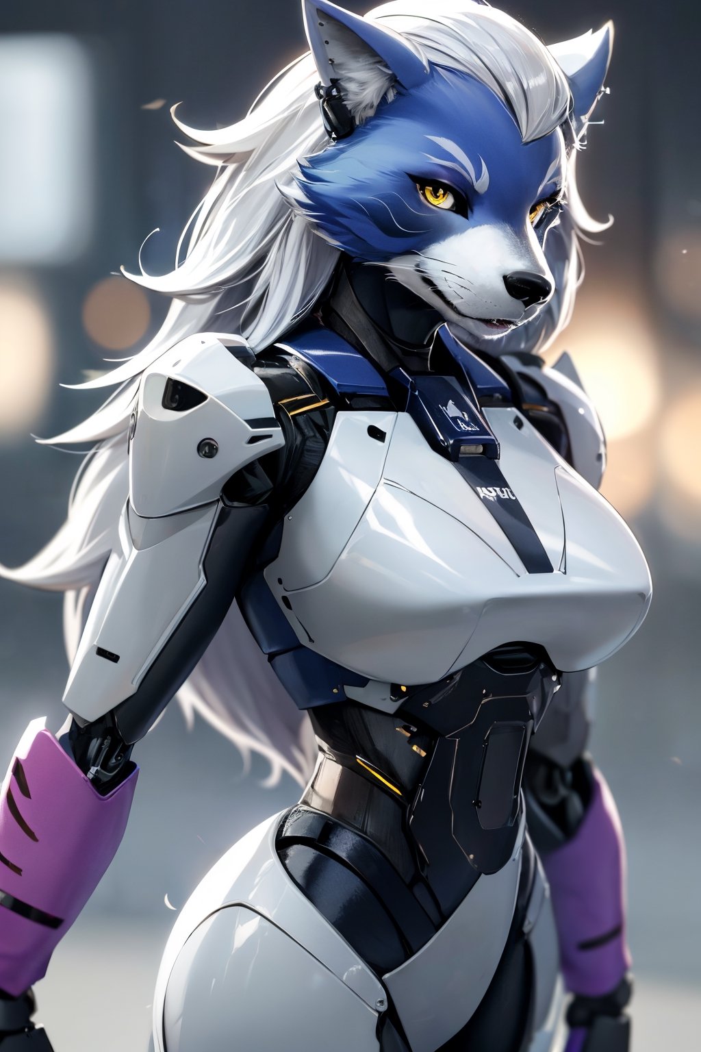 RAW photo, Best picture quality, high resolution, HDR, highres, (absurdres:1.2), realistic, sharp focus, realistic image of elegant furry anthro woman, beauty, supermodel, pure white hair with green, red eyes, wearing high-tech cyberpunk style blue mecha suit, radiant Glow, sparkling suit, mecha, perfectly customized high-tech suit, ice theme, custom design, 1 girl,furry, anthro, wolf,dark grey fur, white fur, body fur, wolf face, wolf girl, furry wolf, swordup, looking at viewer, robot,  lens flare, (vibrant color:1.2),1girl, hourglass body shape,fnafroxanne