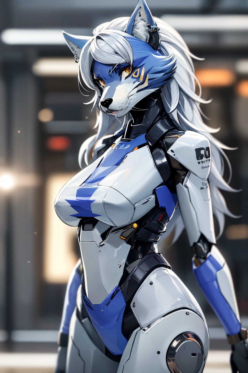 RAW photo, Best picture quality, high resolution, HDR, highres, (absurdres:1.2), realistic, sharp focus, realistic image of elegant furry anthro woman, beauty, supermodel, pure white hair with green, red eyes, wearing high-tech cyberpunk style blue mecha suit, radiant Glow, sparkling suit, mecha, perfectly customized high-tech suit, ice theme, custom design, 1 girl,furry, anthro, wolf,dark grey fur, white fur, body fur, wolf face, wolf girl, furry wolf, swordup, looking at viewer, robot,  lens flare, (vibrant color:1.2),1girl, hourglass body shape,fnafroxanne