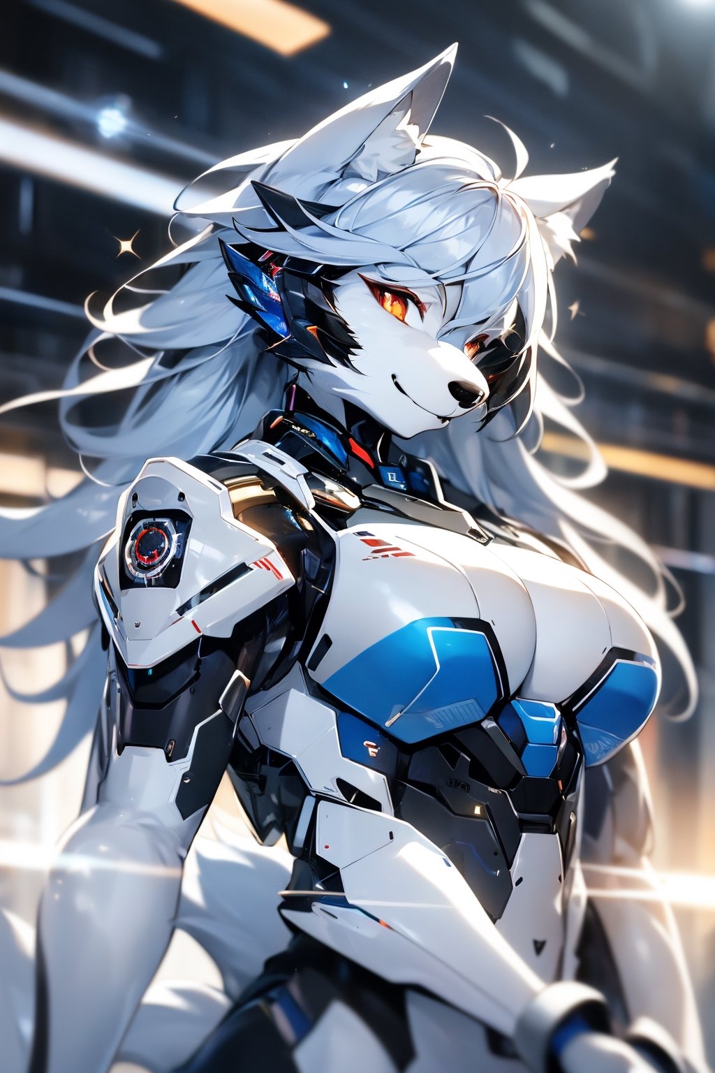 RAW photo, Best picture quality, high resolution, HDR, highres, (absurdres:1.2), realistic, sharp focus, realistic image of elegant furry anthro woman, beauty, supermodel, pure white hair with green, red eyes, wearing high-tech cyberpunk style blue mecha suit, radiant Glow, sparkling suit, mecha, perfectly customized high-tech suit, ice theme, custom design, 1 girl,furry, anthro, wolf,dark grey fur, white fur, body fur, wolf face, wolf girl, furry wolf, swordup, looking at viewer, robot,  lens flare, (vibrant color:1.2),1girl, hourglass body shape,FurryCore