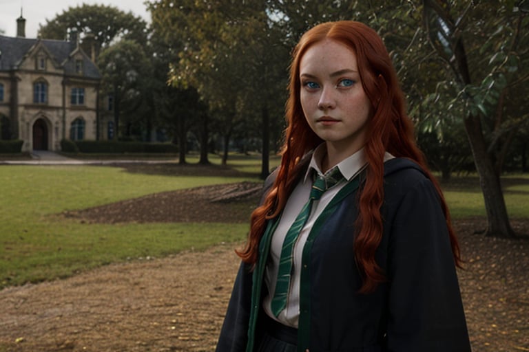 1girl, (girl:1.3), 16 years old, (long red hair:1.2) , (Blue eyes:1.2), solo focus, portrait, simple castle background, standing, 
(slytherin), hogrobe, black robe, skirt, masterpiece, best quality, extremely detailed, highly detailed face, beautiful detailed eyes