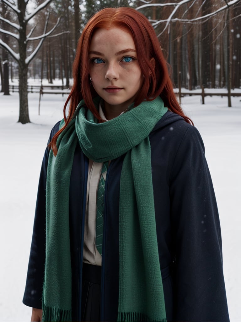 1girl, (girl:1.3), 16 years old, (long red hair:1.2) , (Blue eyes:1.2), solo focus, portrait, simple snowy background, walking, (slytherin), hogrobe, black robe, skirt, hogscarf (green scarf ), masterpiece, best quality, extremely detailed, highly detailed face, beautiful detailed eyes